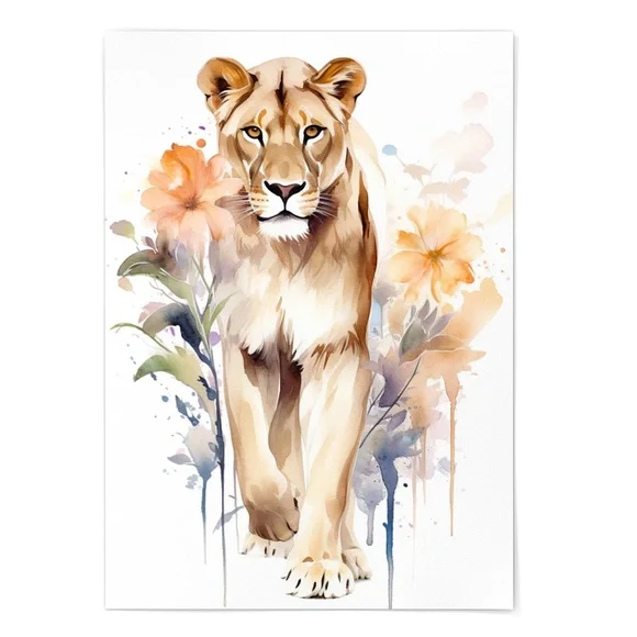 Watercolor Lioness With Flowers Portrait Wall Art Illustration Print Unframed - Picture 3 of 5